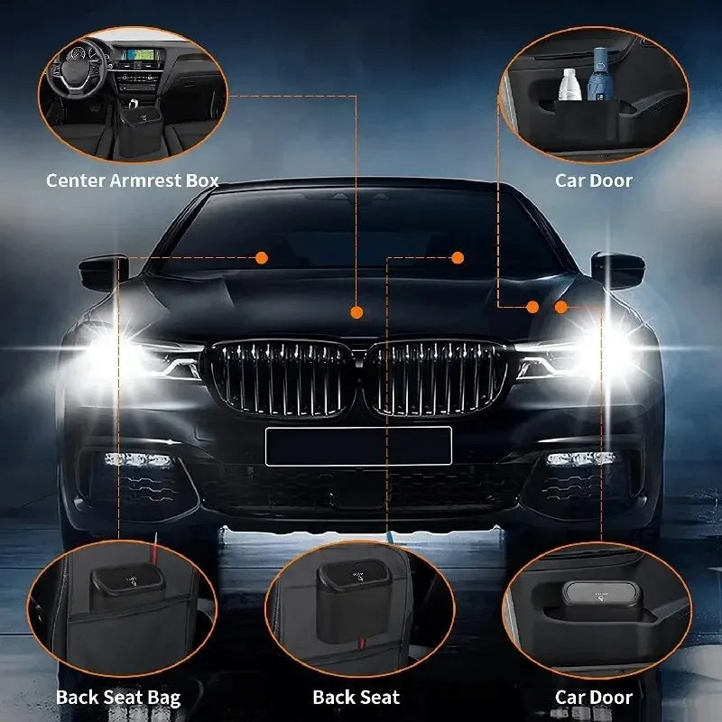 Poubelle Auto à Couvercle Abattant – Organiseur Intérieur Universel Noir ABS