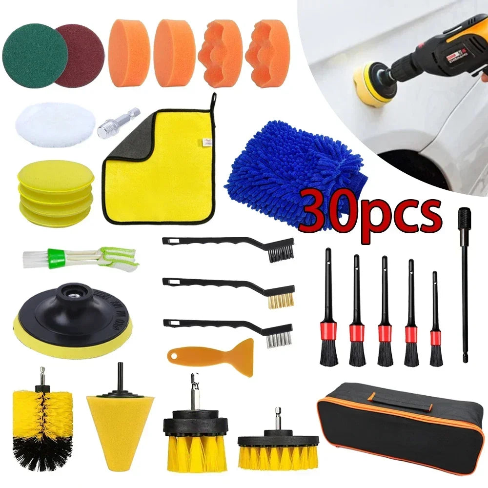 Set 30 Pinceaux et Accessoires Nettoyage Auto – Brosses, Éponges, Chiffons
