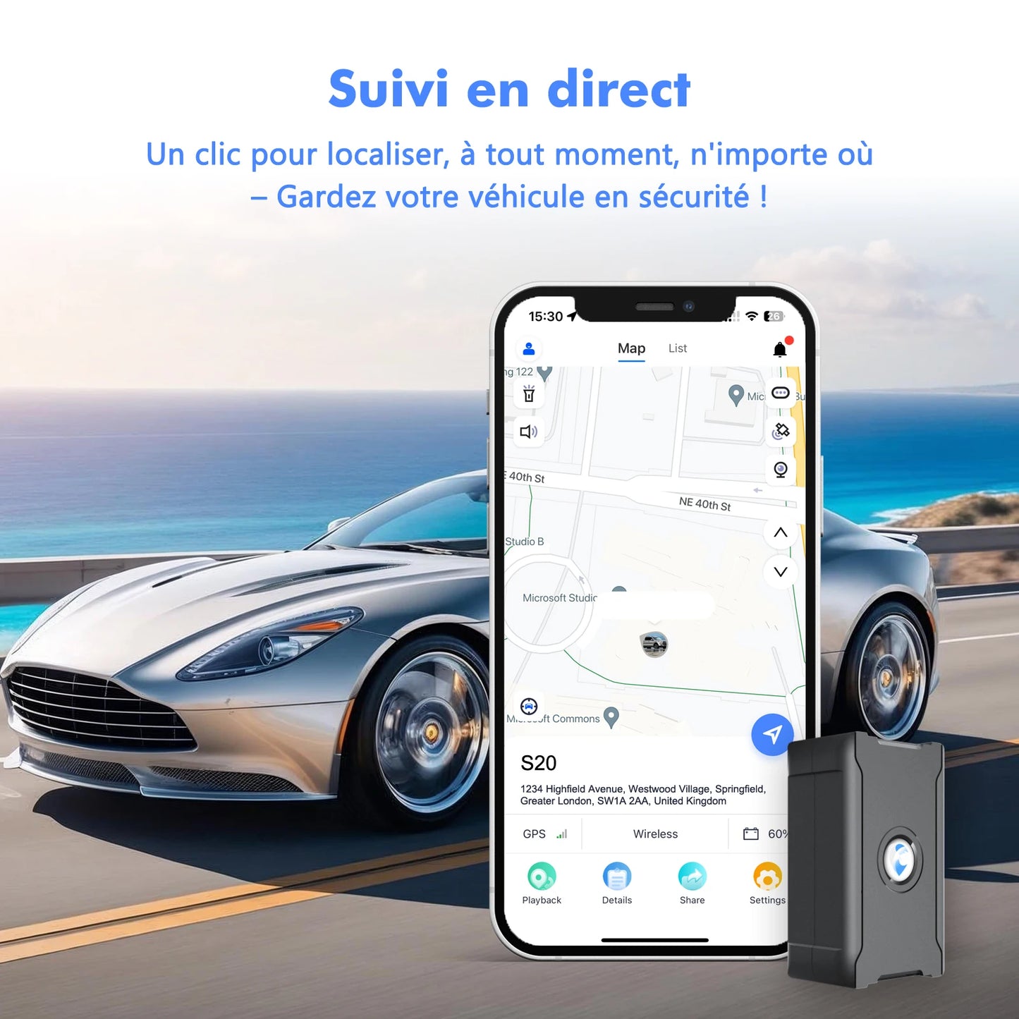 Traceur GPS antivol pour véhicule, batterie de 15 jours