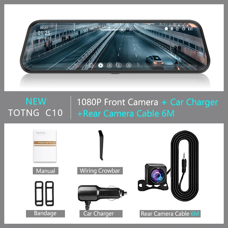 Caméra rétroviseur 10 pouces pour voiture, écran tactile, enregistreur vidéo