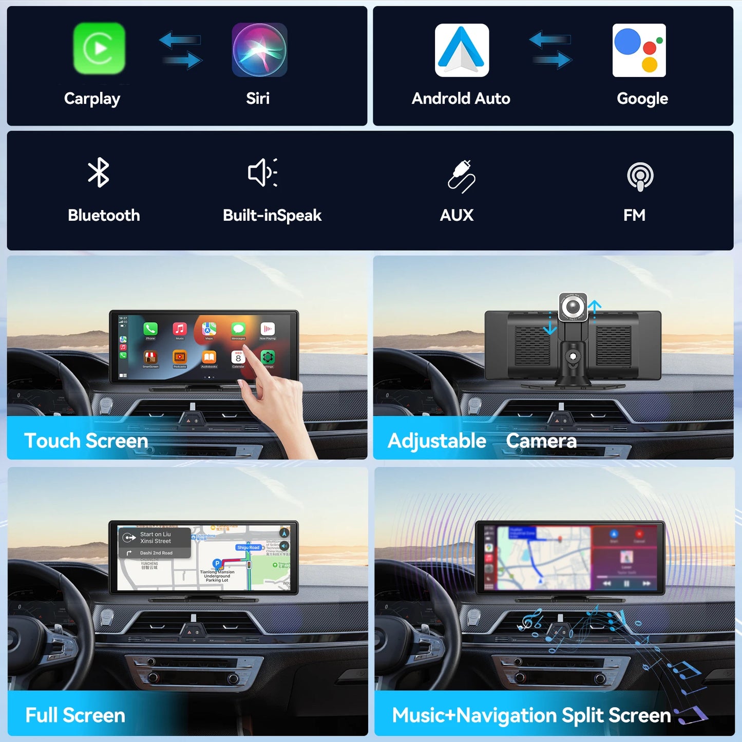 Écran CarPlay Sans Fil Universel – Compatible Android Auto & Tactile