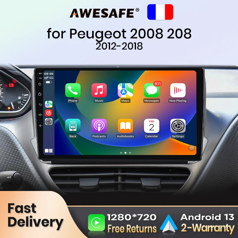 Autoradio AWESAFE PX9 CarPlay Sans Fil pour Peugeot 2008/208 (2012–2018) – GPS & FM
