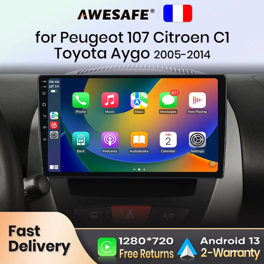 Autoradio AWESAFE Android pour Peugeot 107 / Citroën C1 / Toyota Aygo (2005–2014) – CarPlay Sans Fil & GPS